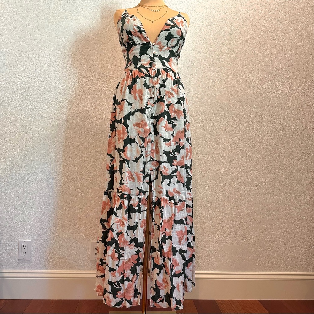 Abercrombie & Fitch Green‎ Coral Floral V-Neck Plunge Linen Blend Maxi Dress